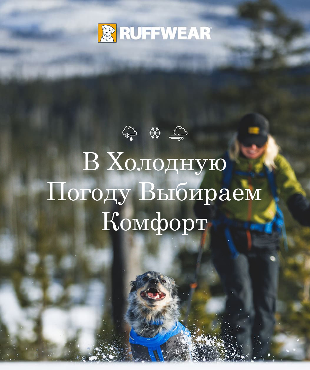 A dog and human get after it in the snow, words read Dial In Cold-Weather Comfort