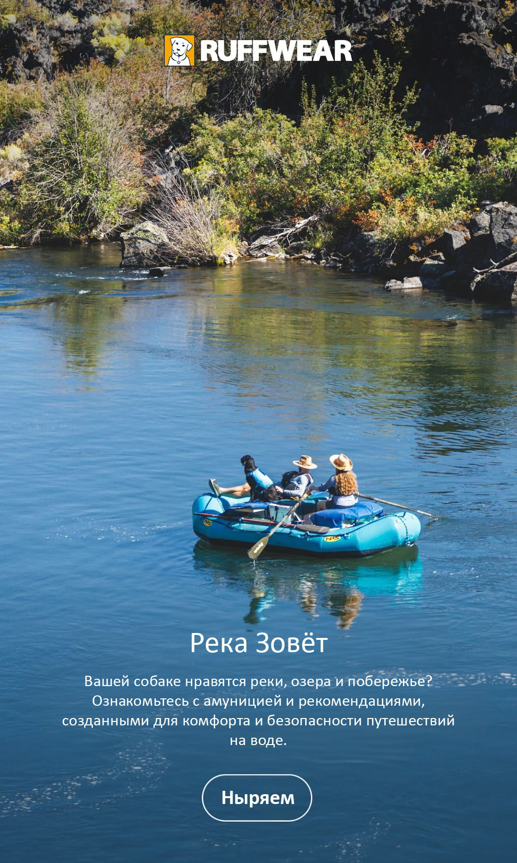 Words read "The Current Is Calling. Is your dog most at home navigating rivers, lakes, and coastlines? Explore gear and guides built to deepen your bond on the water." over an image of a dog and two humans rafting.