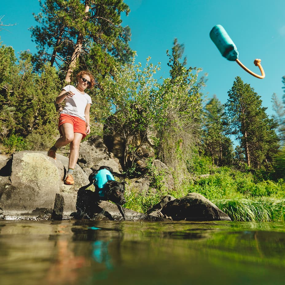 A human throws a Lunker Floating Toy into the lake for a black labrador