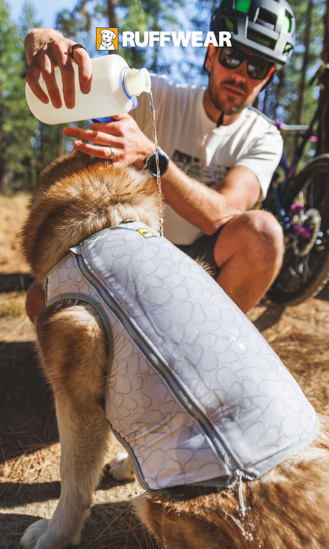 A human and dog run together in the woods. The dog is wearing a Swamp Cooler™ Harness.